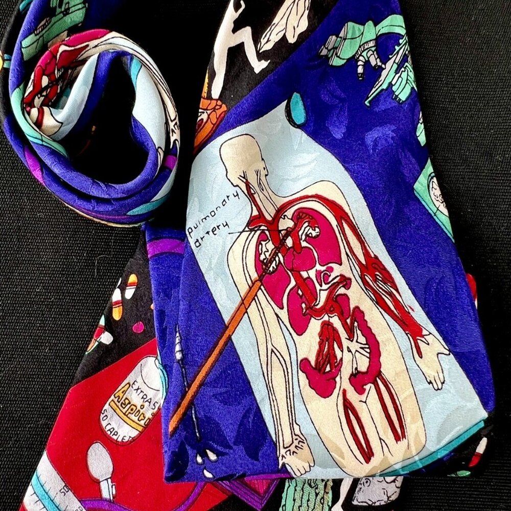 Vtg Nicole Miller 1994 Silk Tie Dr Feelgood MD Cardiology Medicine Lab Rx Heart